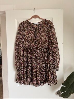 Zara Women’s Black Floral Long-Sleeve Tiered Dress